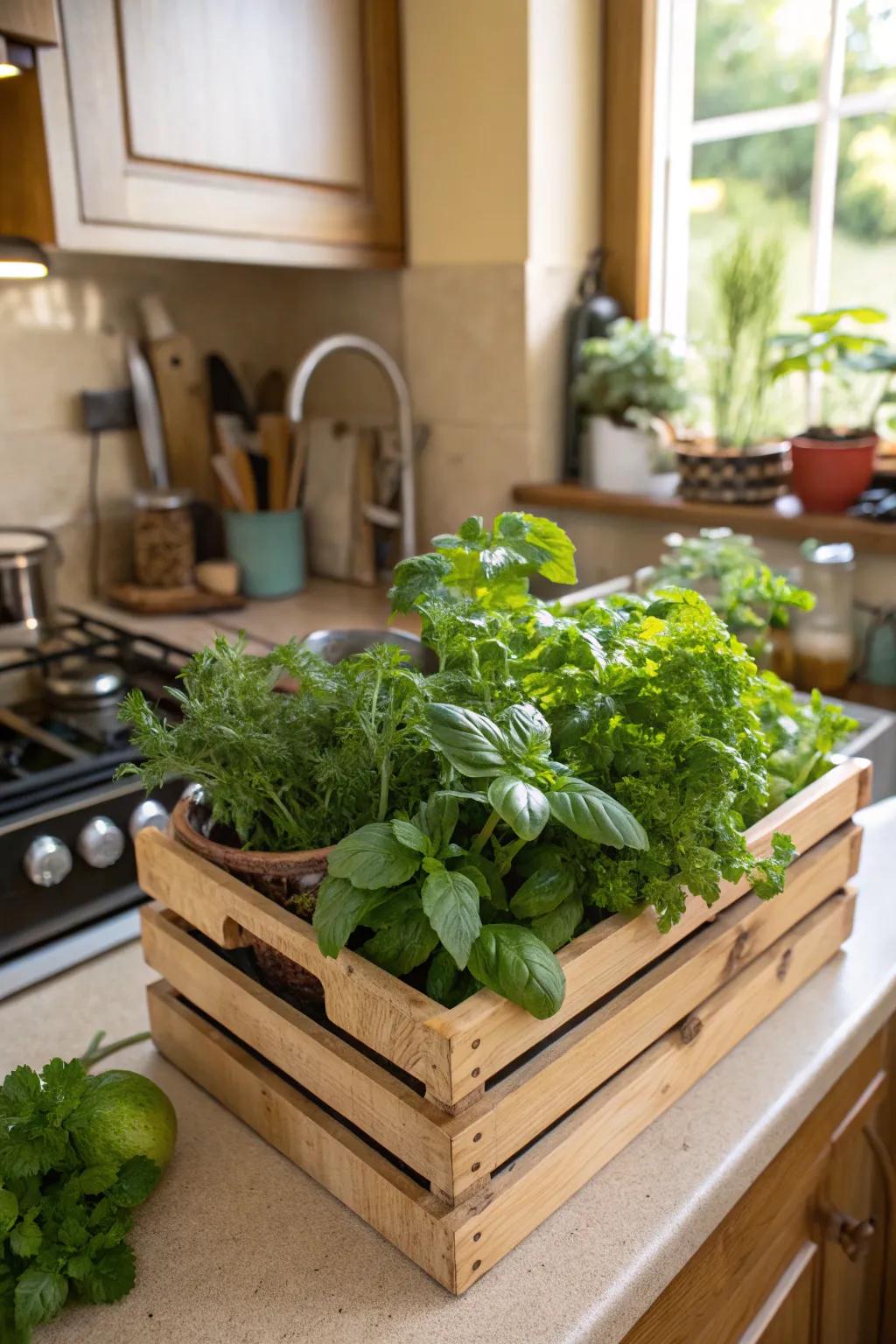 A wooden crate herb garden brings freshness to the kitchen.