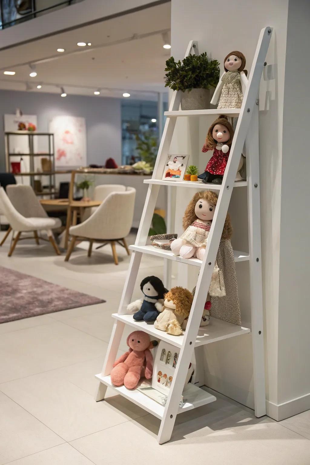 A ladder shelf providing a trendy display for dolls.