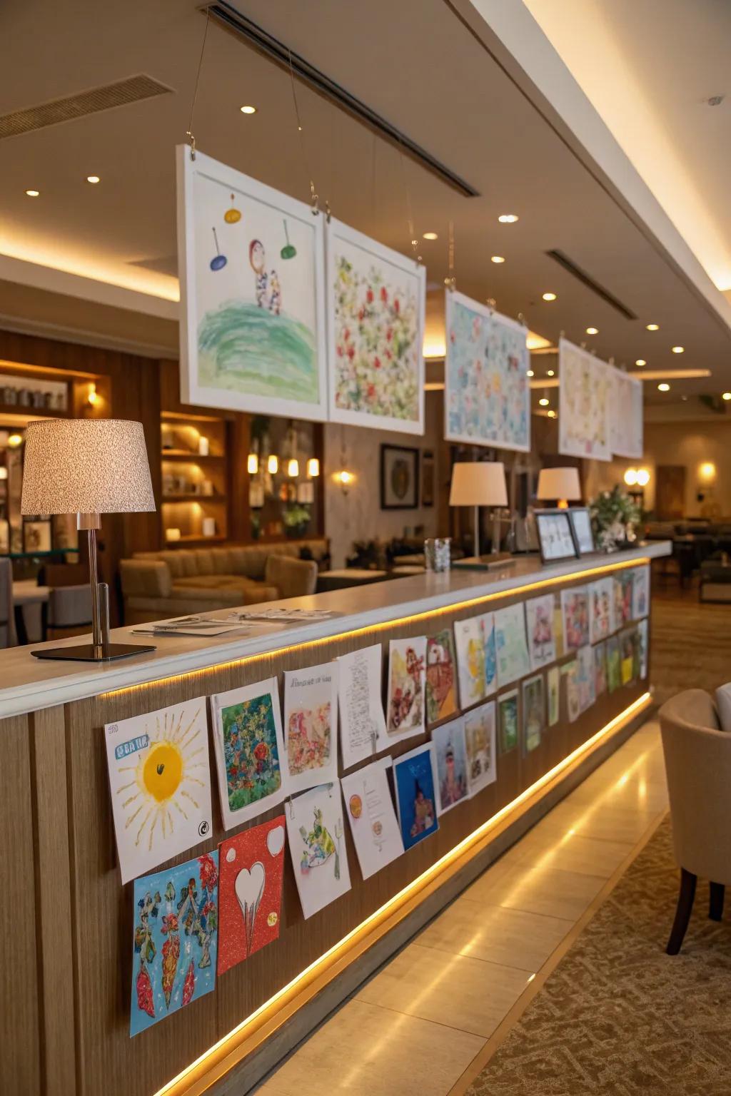 A sleek art display bar featuring children's art.