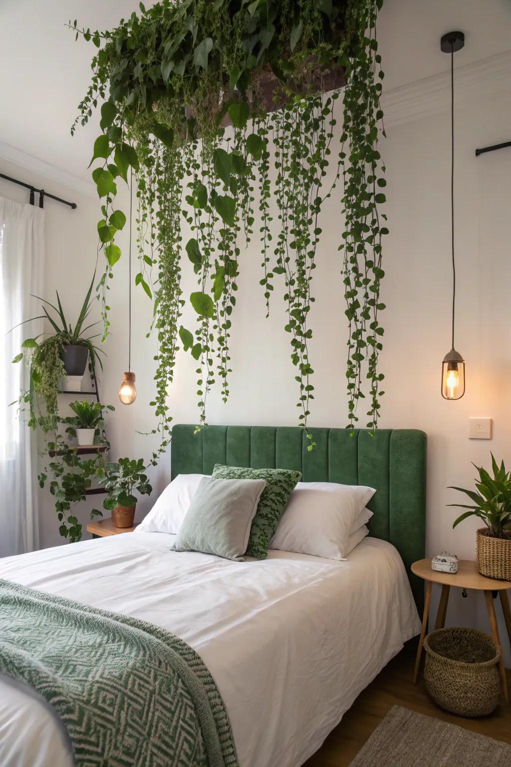 A refreshing plant-filled headboard for a serene bedroom.