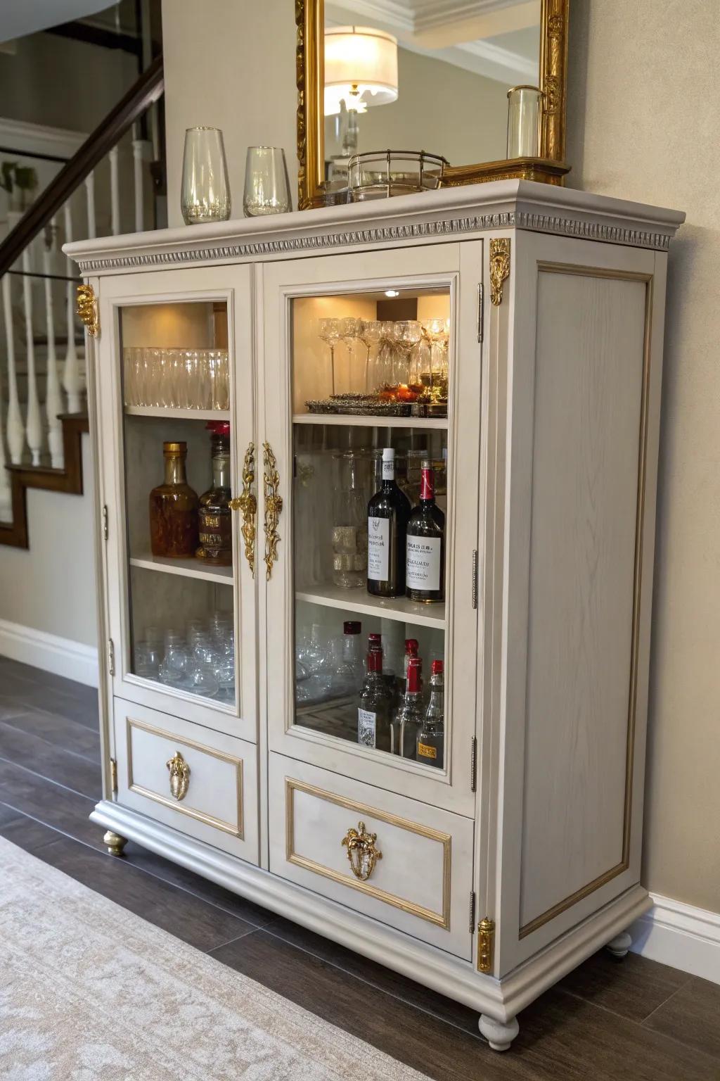 A coat of paint turns an old cabinet into a stunning liquor piece.