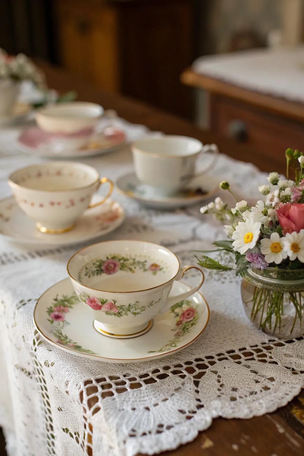 Charming vintage tea cup arrangements for a whimsical wedding.