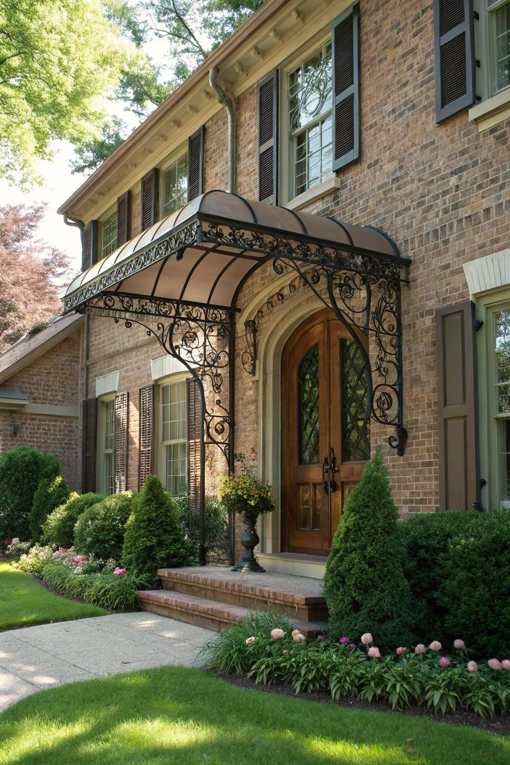 Wrought iron awnings offer elegance and robust protection.