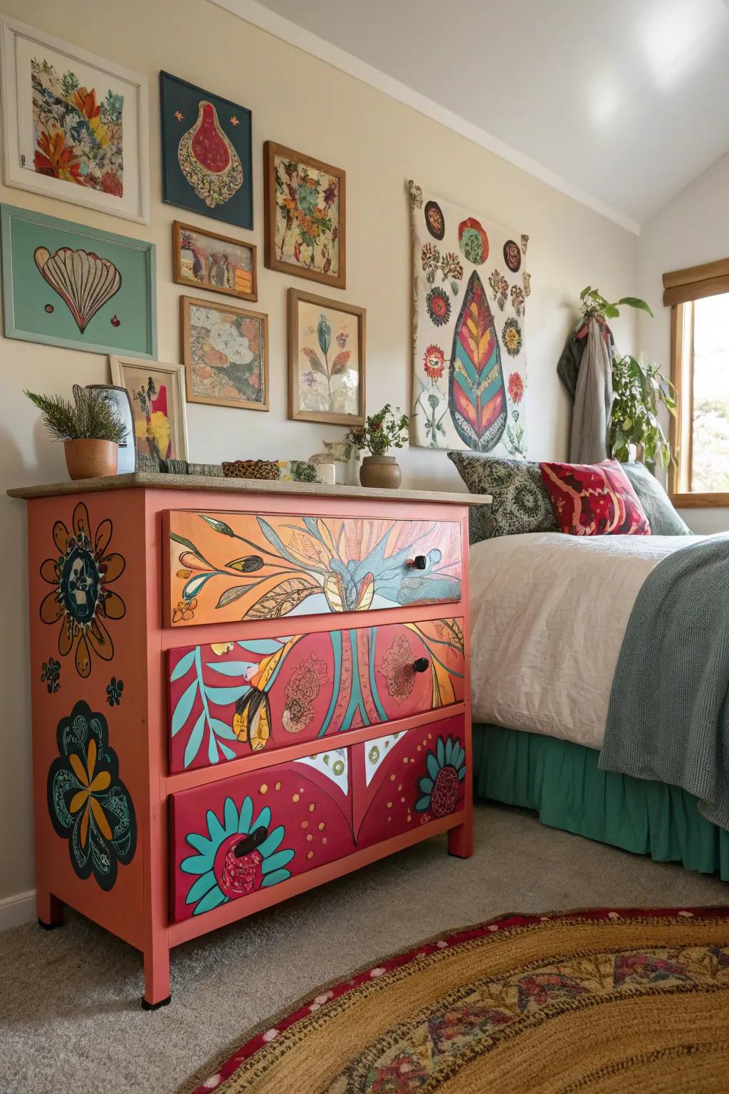 An artistically painted dresser adds a burst of creativity to your bedroom decor.