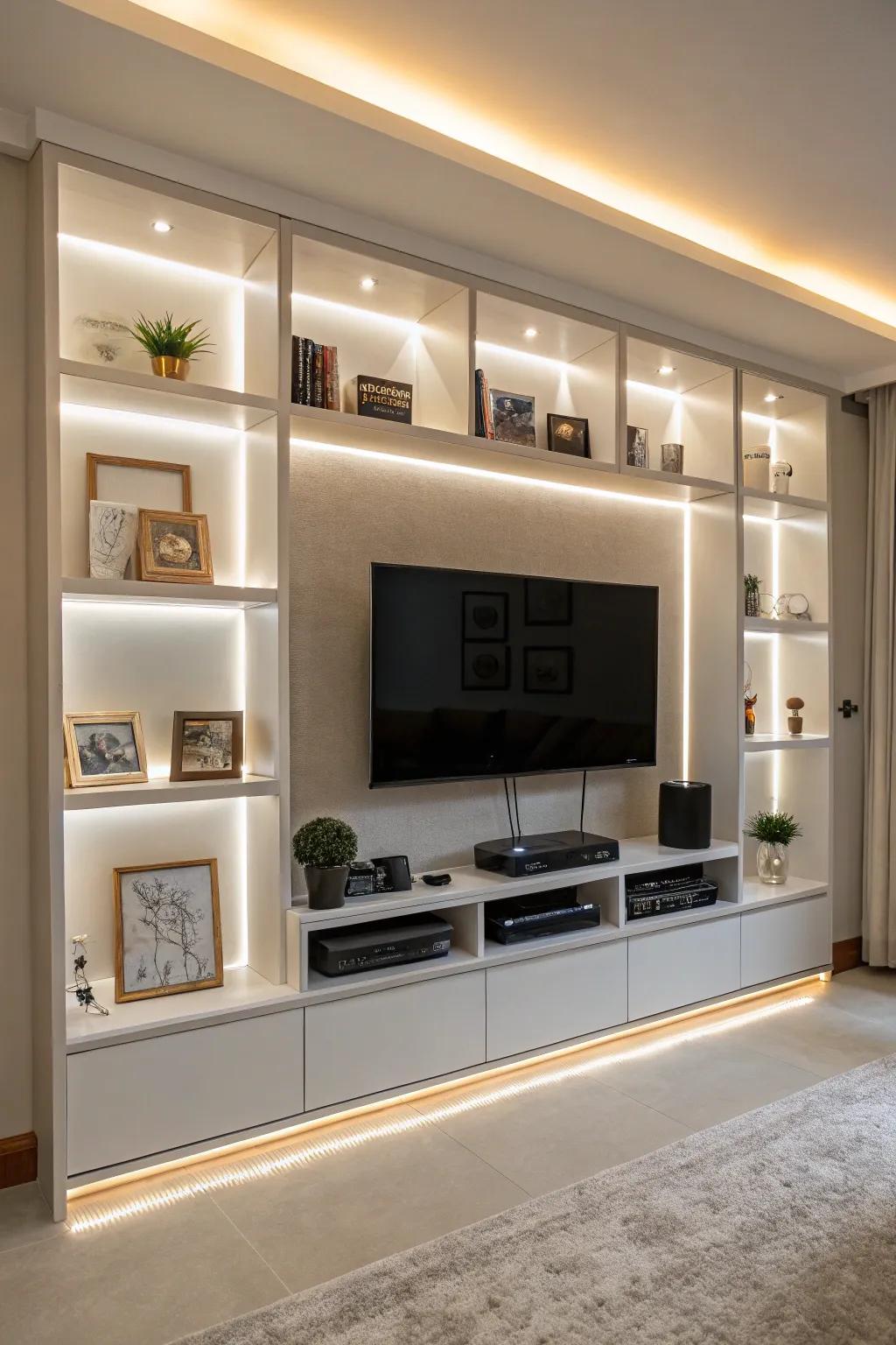 LED strips provide a modern glow to this entertainment center.