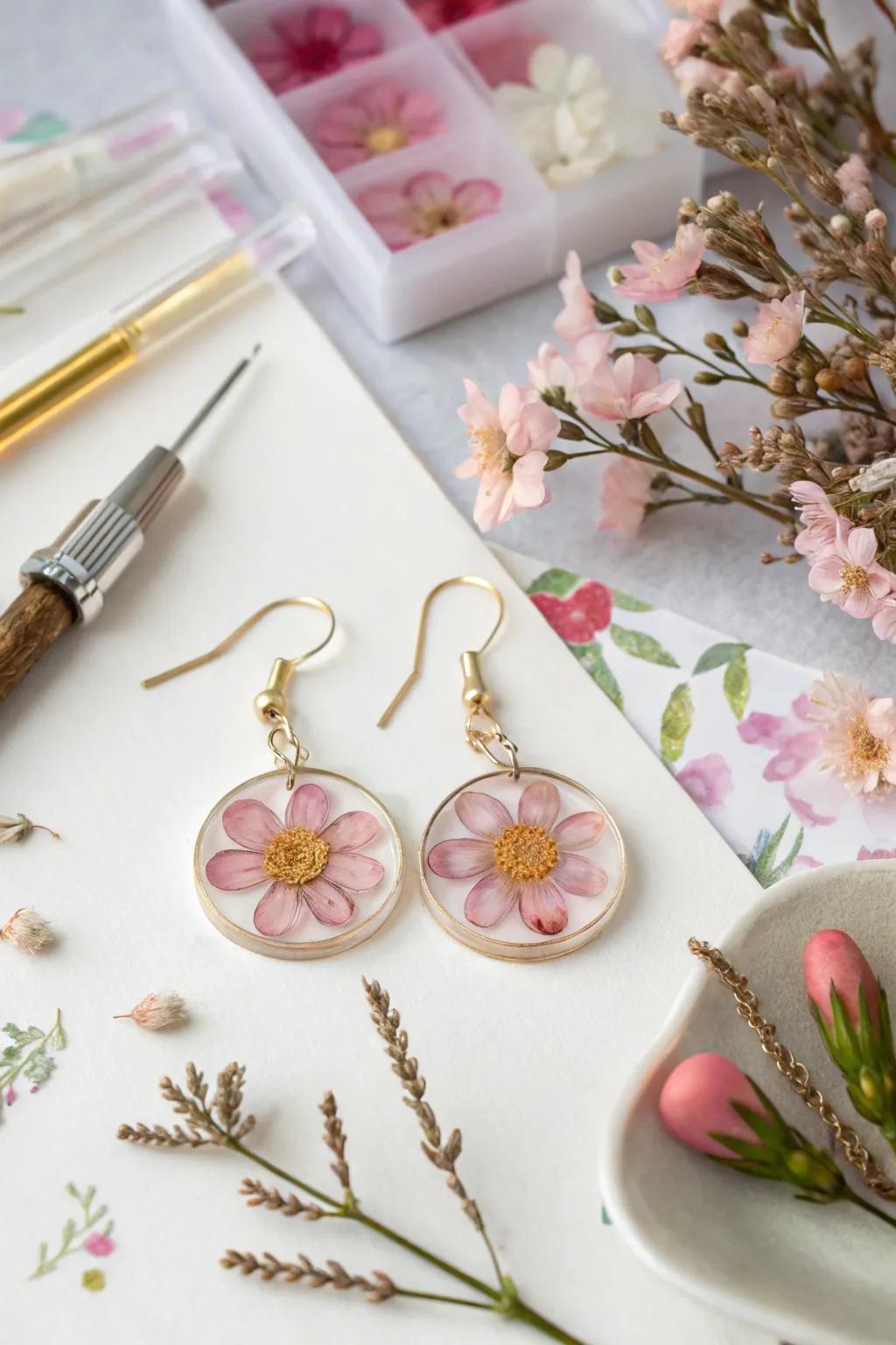 Delicate resin flower earrings capturing spring's essence.