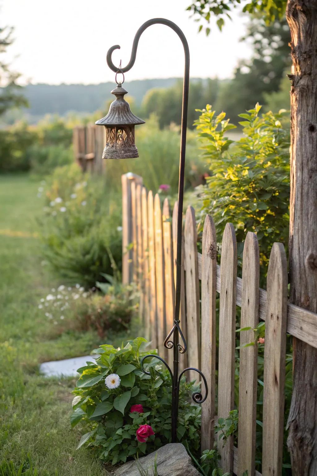 Elevate your garden charm: A shepherd's hook enhanced with rustic elegance.
