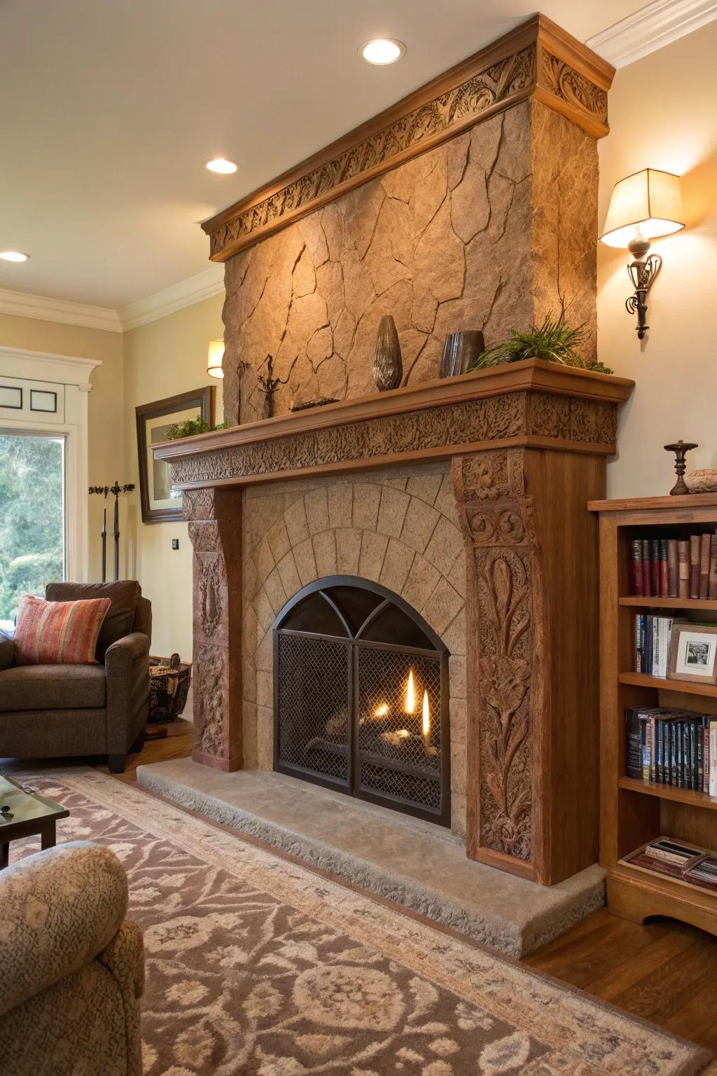 A custom fireplace mantel crafted from excavator clay, adding elegance to a cozy living room.