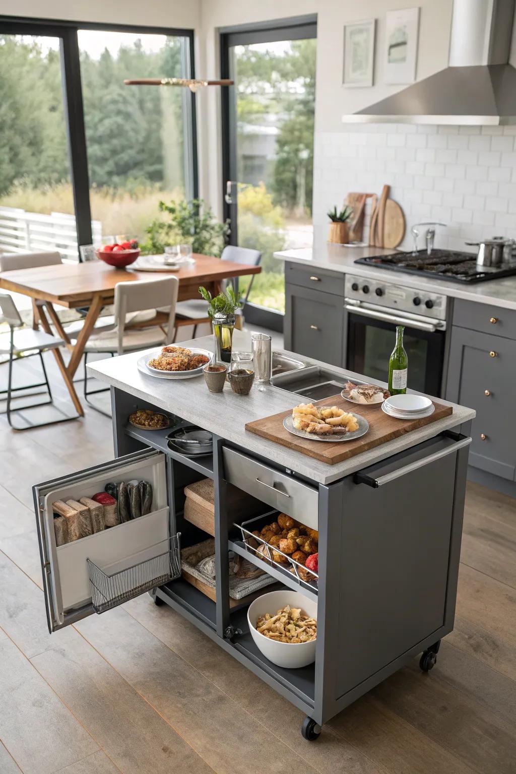 A foldable kitchen island for adaptable cooking space.