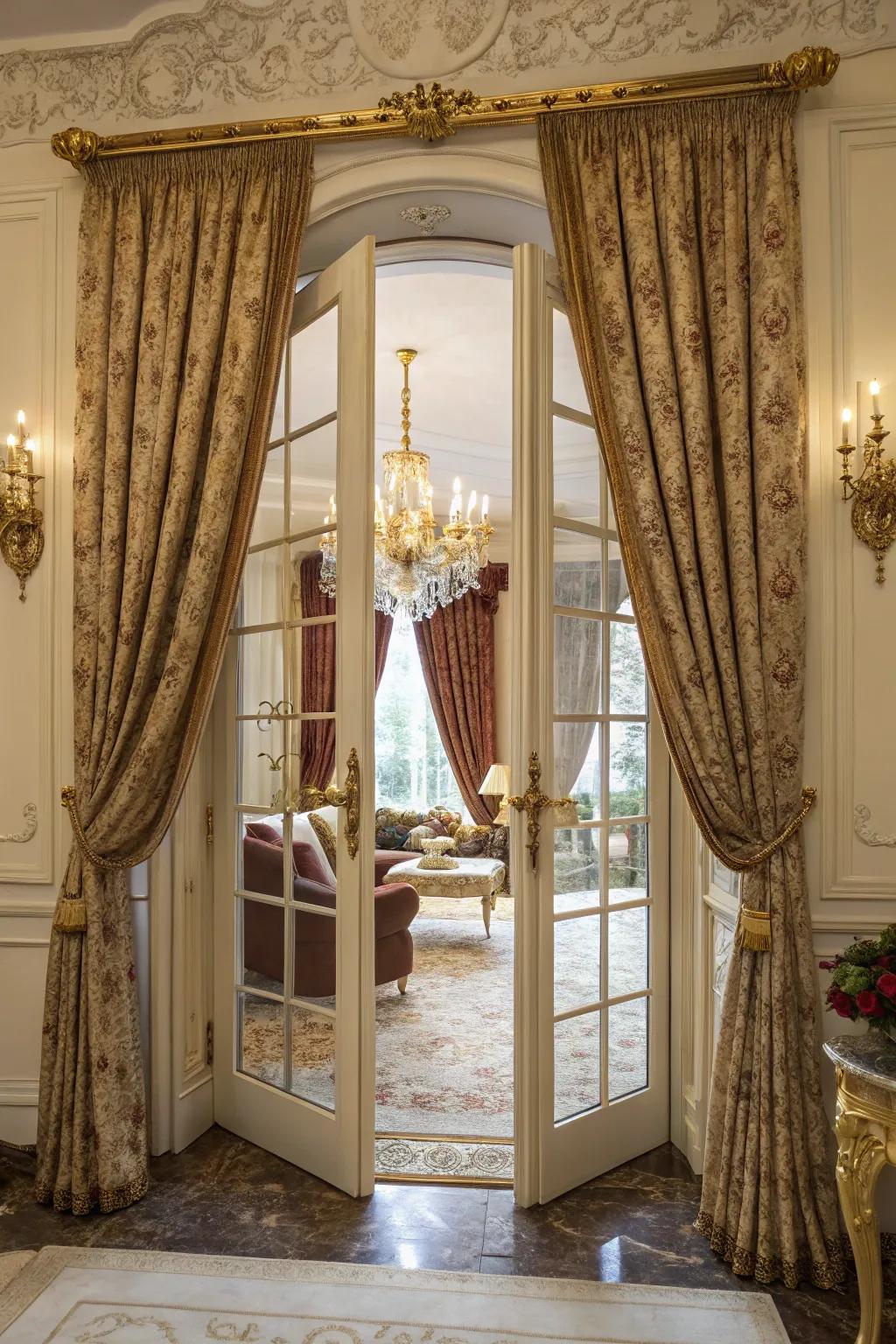 Luxurious long curtains adding drama and elegance to the living room.