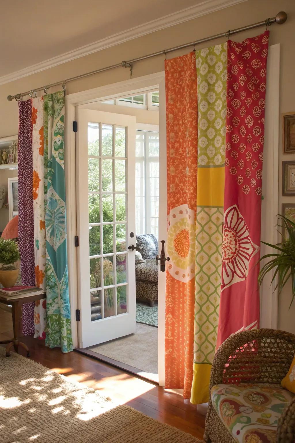 Colorful fabric panels adding personality and privacy to French doors.