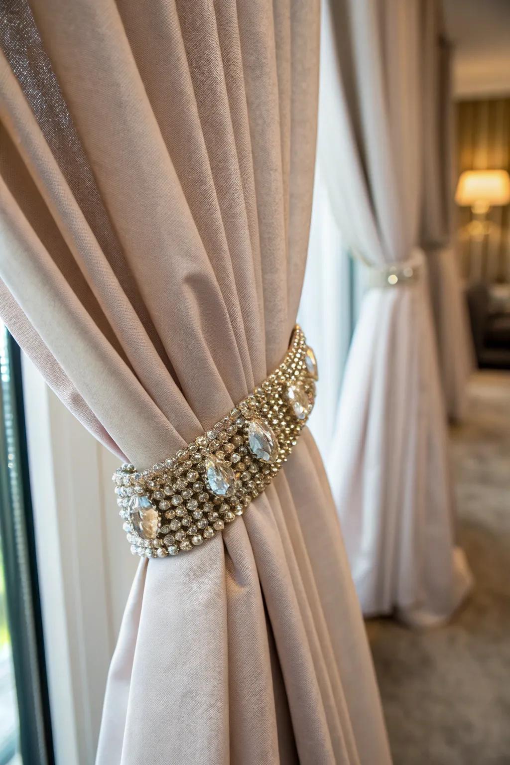 Elegant gemstone curtain tiebacks adding luxury to window decor.