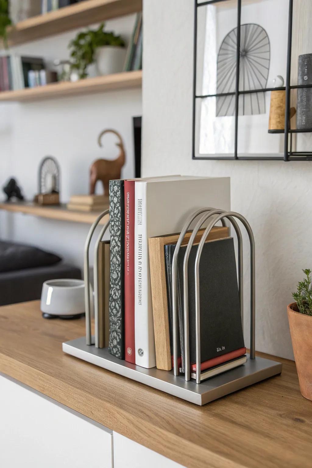 Modern bookends adding a stylish touch to book organization.