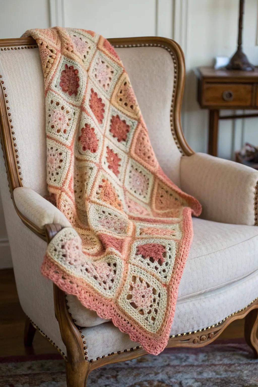 A stylish shawl made from granny squares, perfect for adding elegance to any outfit.