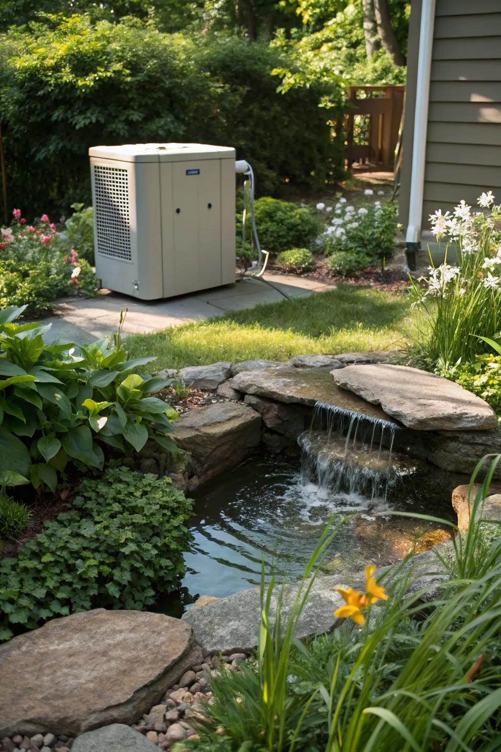 Water features add tranquility and help mask the generator's presence.