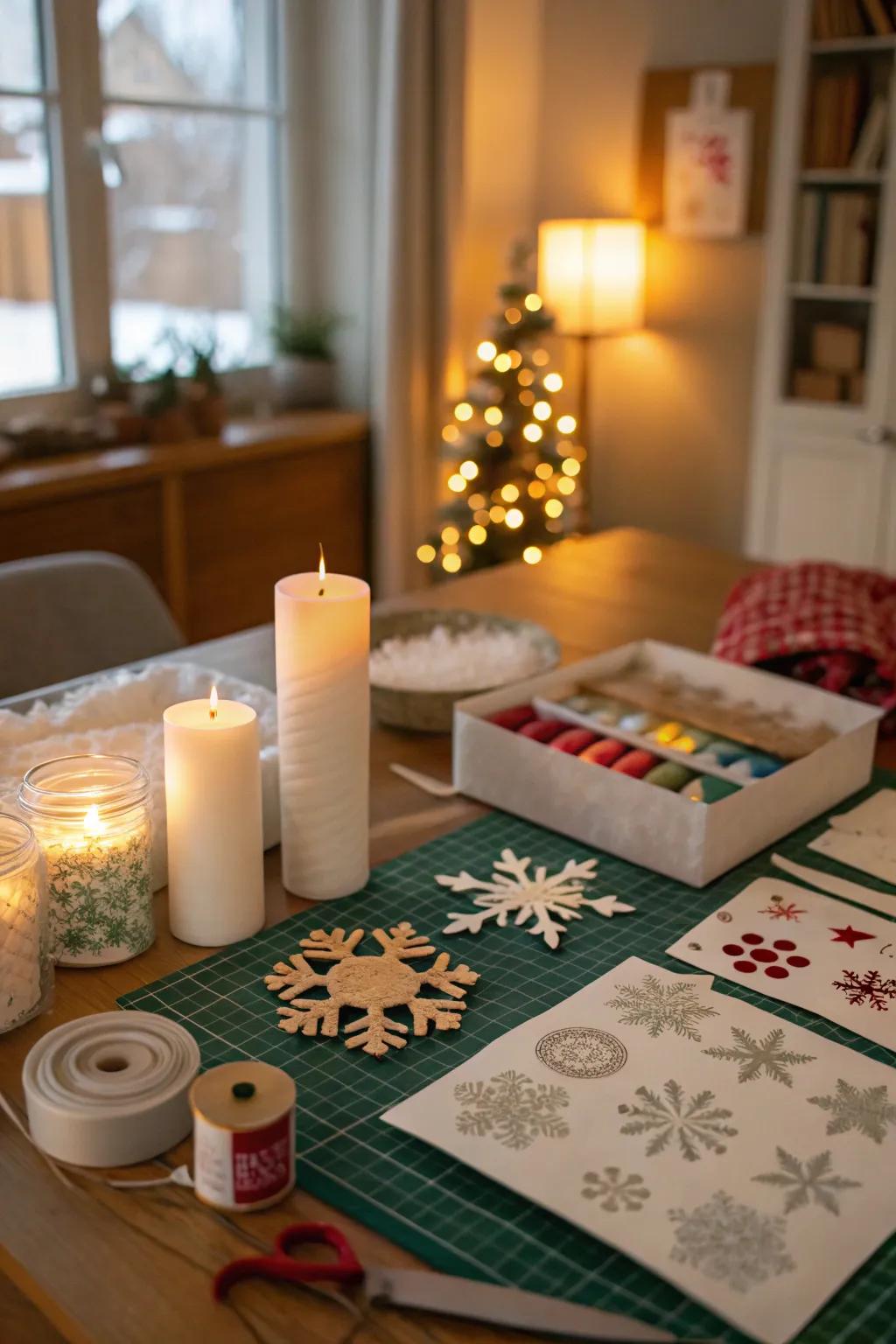 A creative winter craft workshop setup.