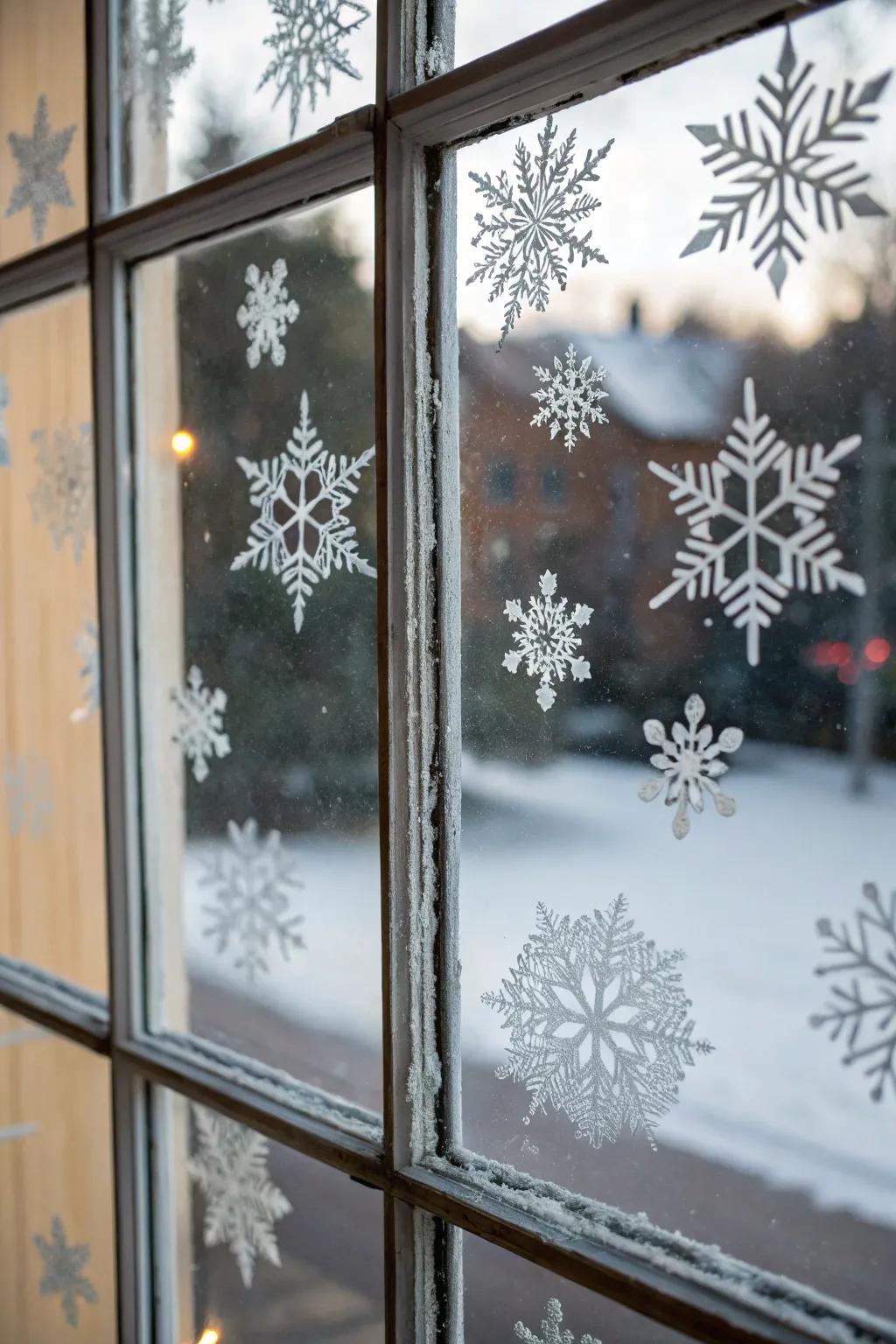 A window with snowflake decals for a frosty effect.