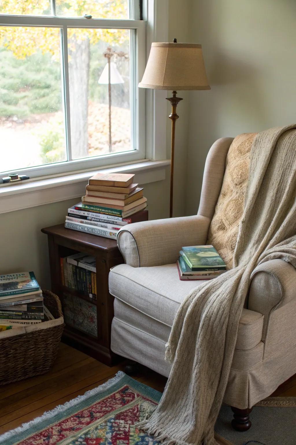 A cozy reading nook offers a perfect escape to enjoy the fall season.