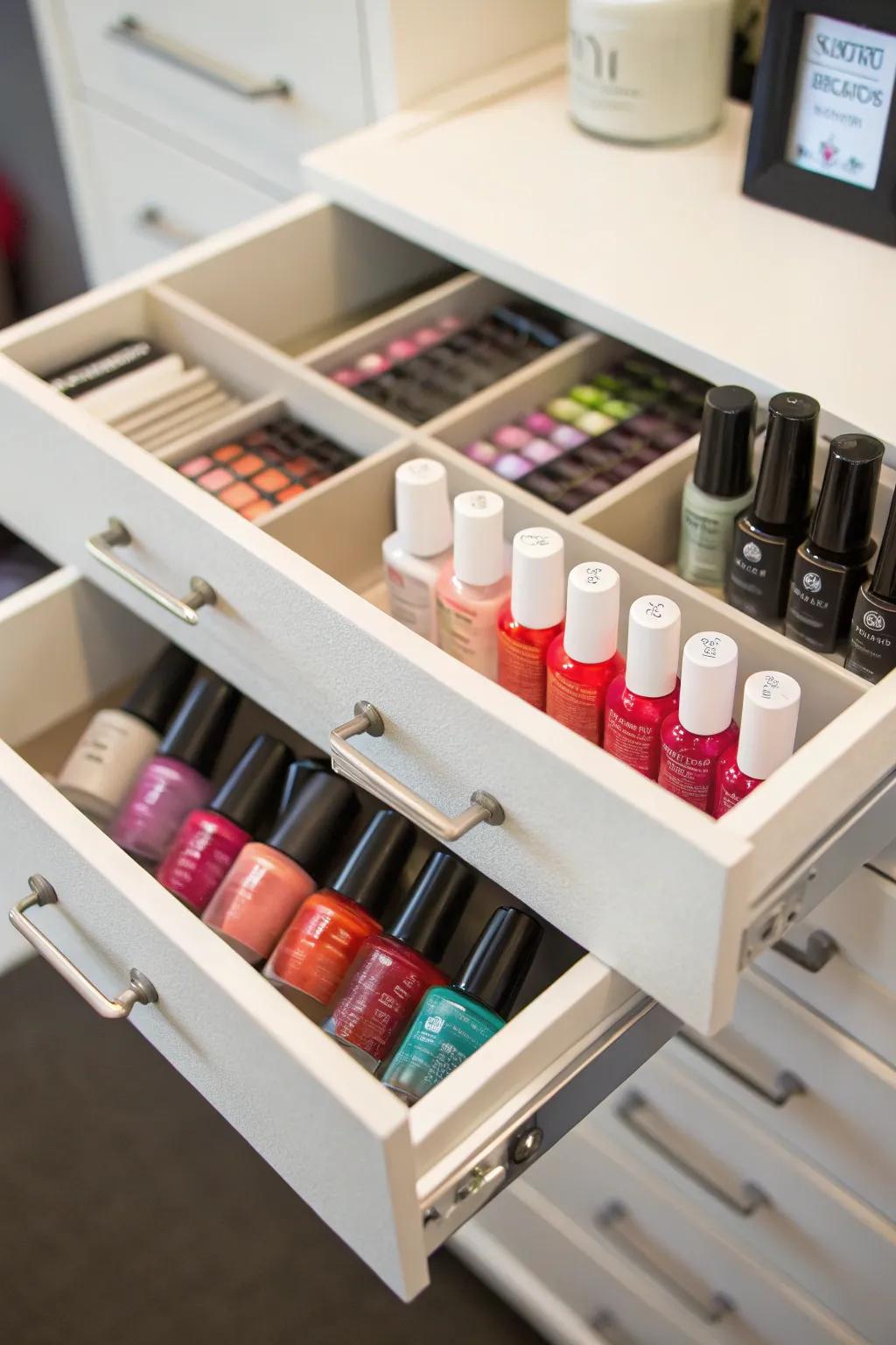 A custom drawer with dividers keeps your nail polish collection organized.