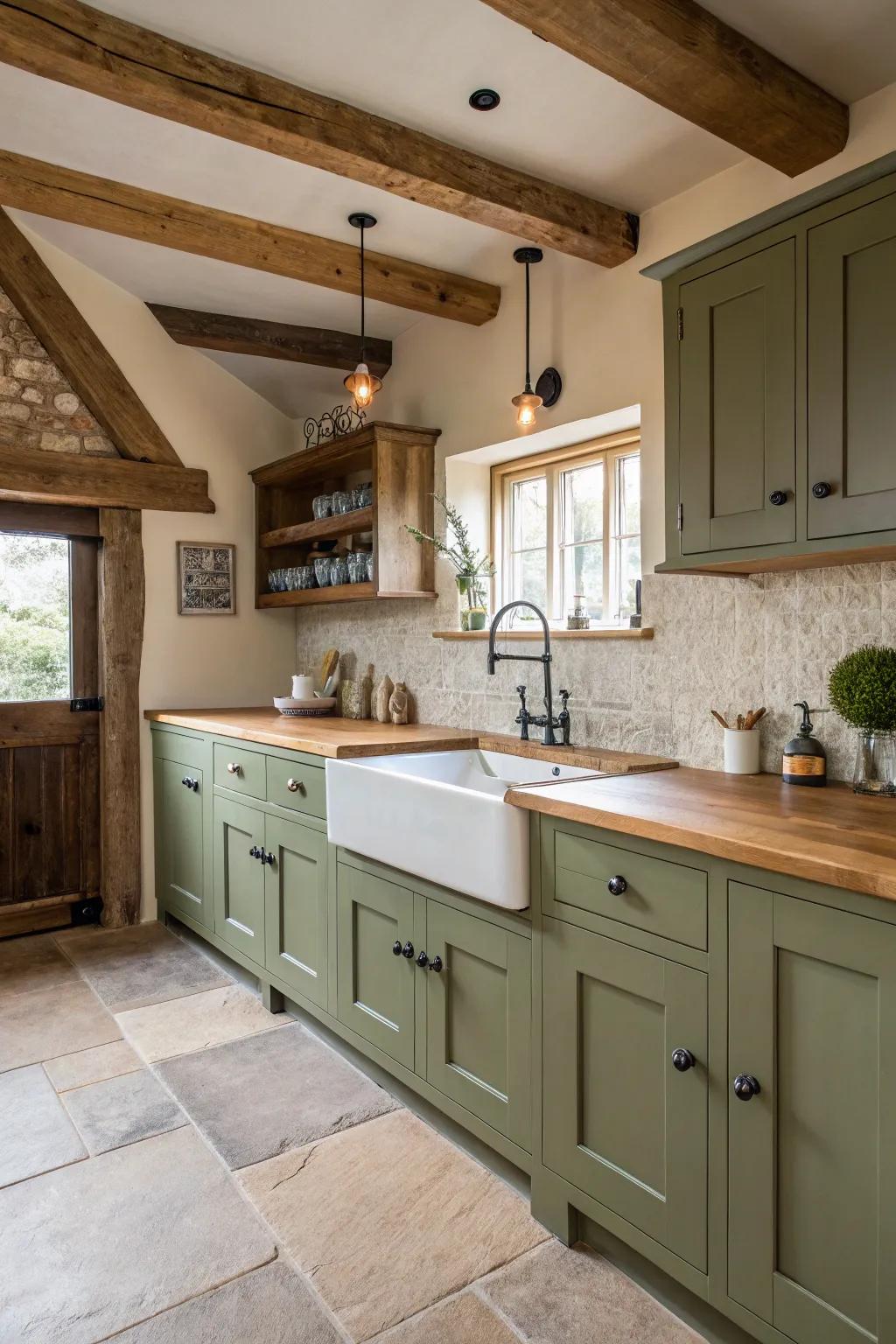 A warm kitchen with sophisticated olive green tones.