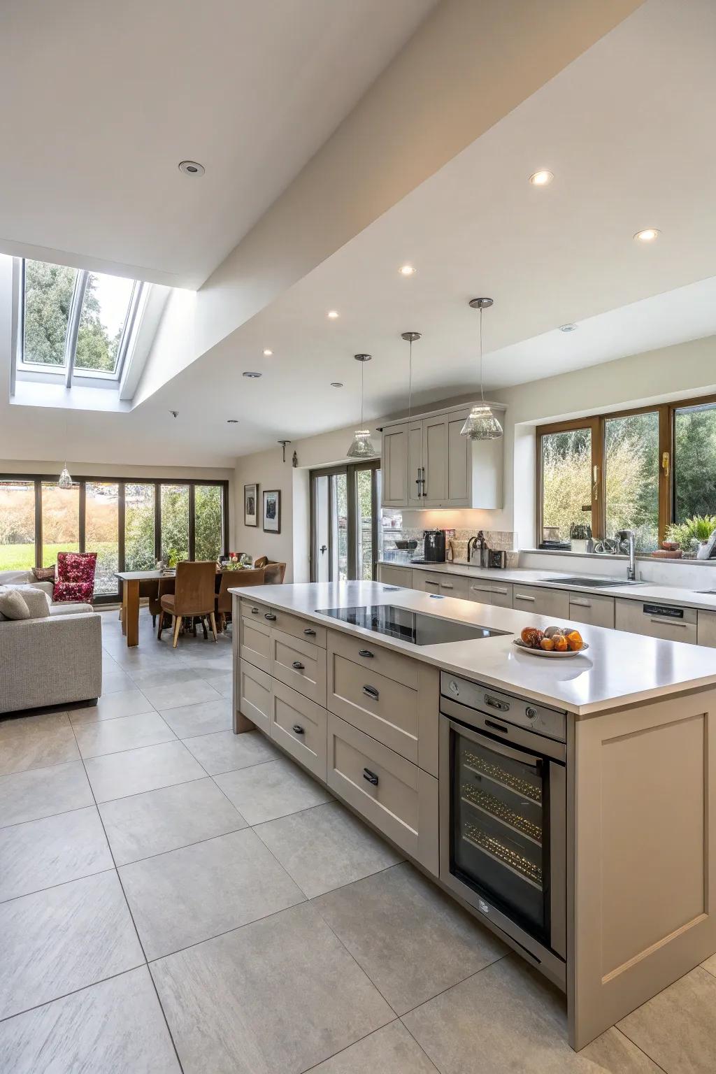 A spacious kitchen layout with a U-shaped peninsula.