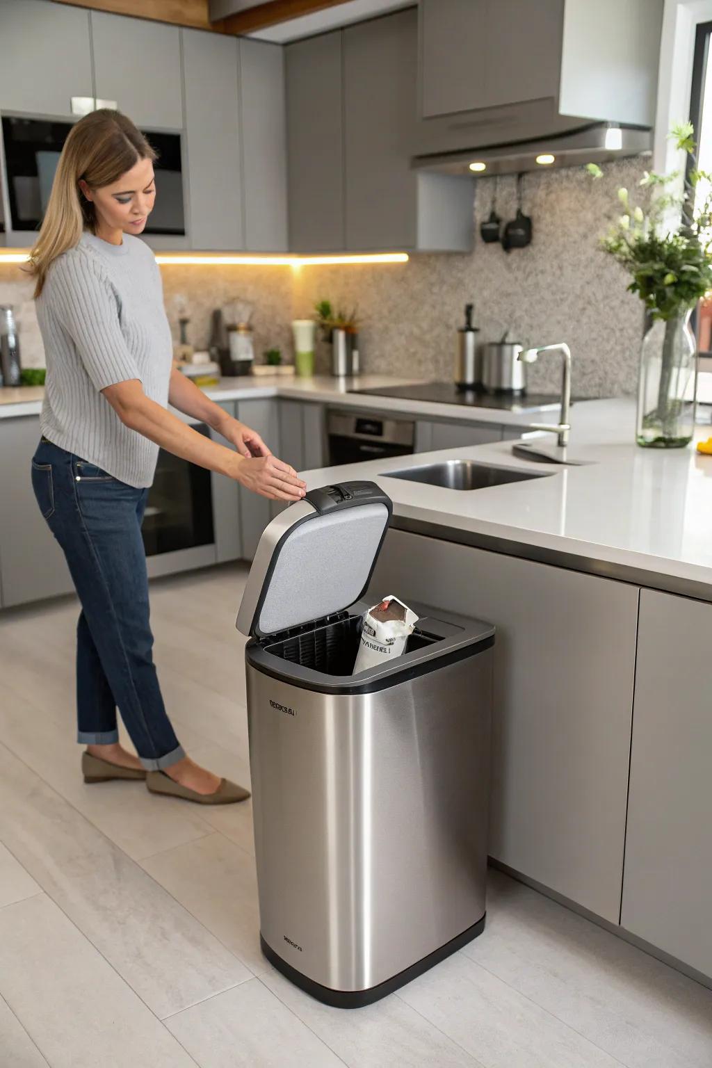 A motion sensor trash can providing hands-free convenience.