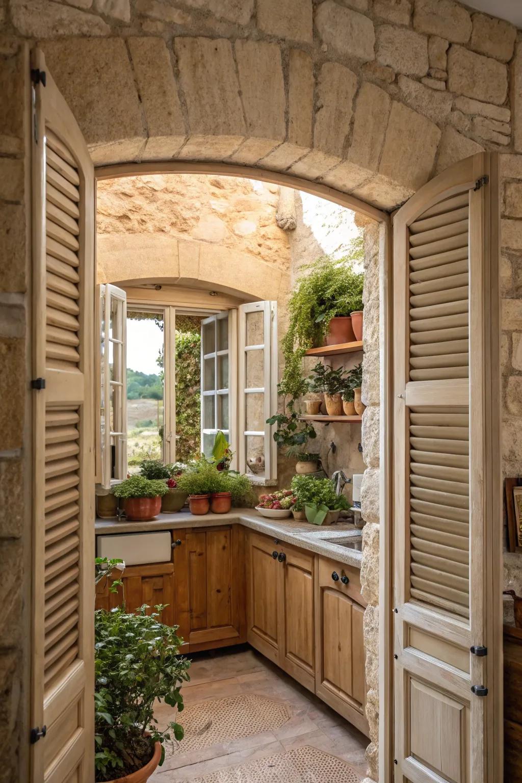 Kitchen window shutters provide privacy and style.