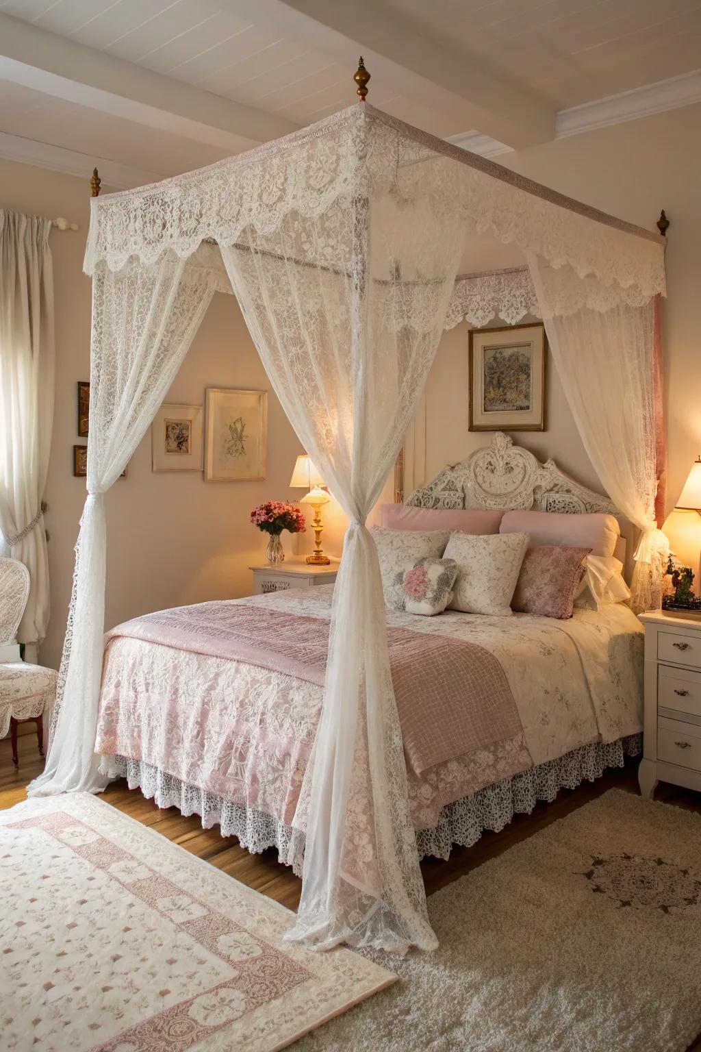 A lace canopy adds romance to any bedroom.