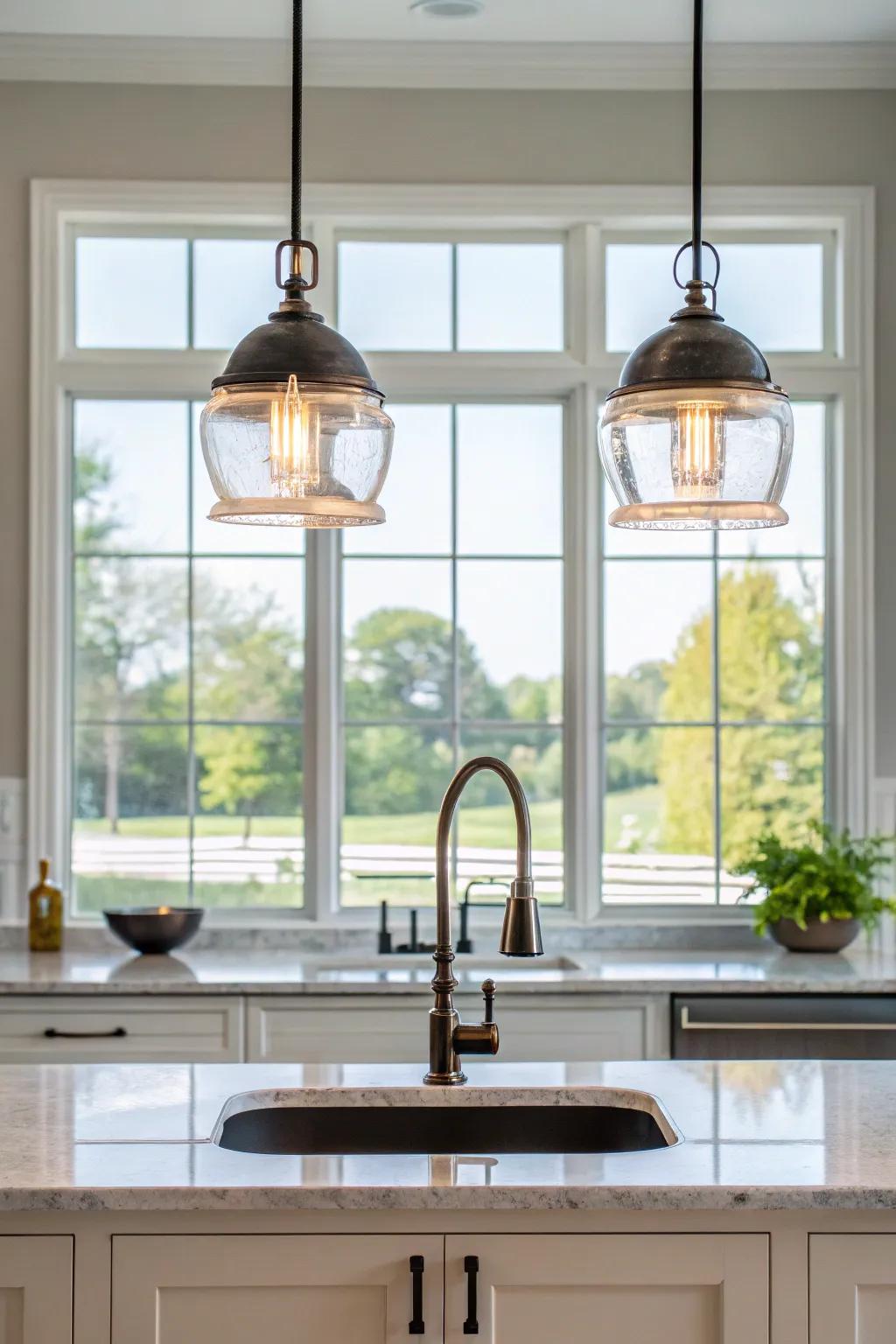 Pendant lighting offers style and function for kitchen islands with sinks.