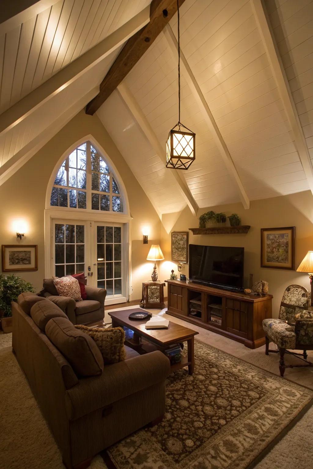 Dimmers allow for versatile lighting in a vaulted ceiling space.