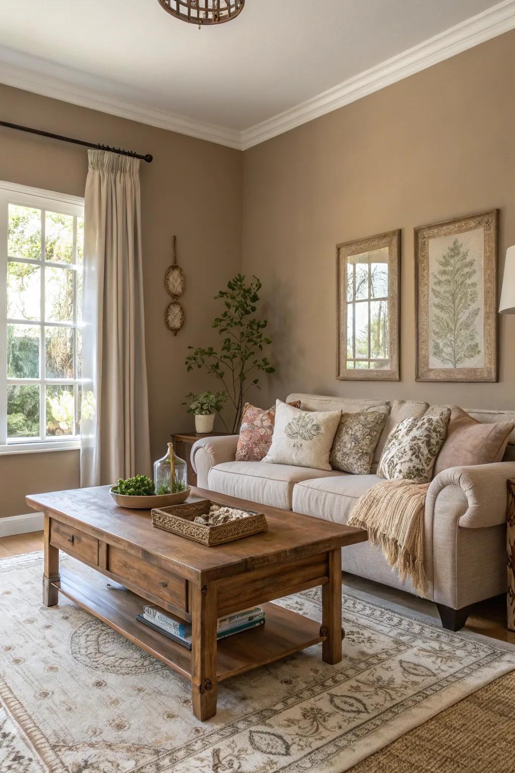 Taupe walls offer an understated warmth in this cozy living room.