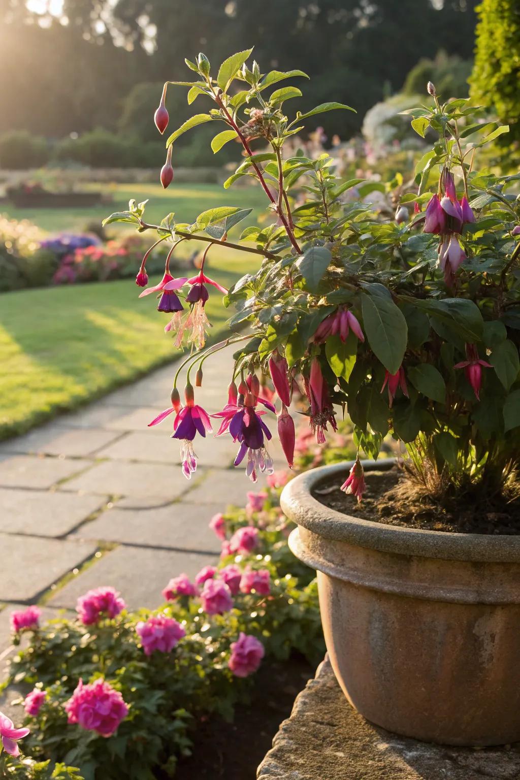 Full sun fuchsia offers exotic flair and attracts hummingbirds.