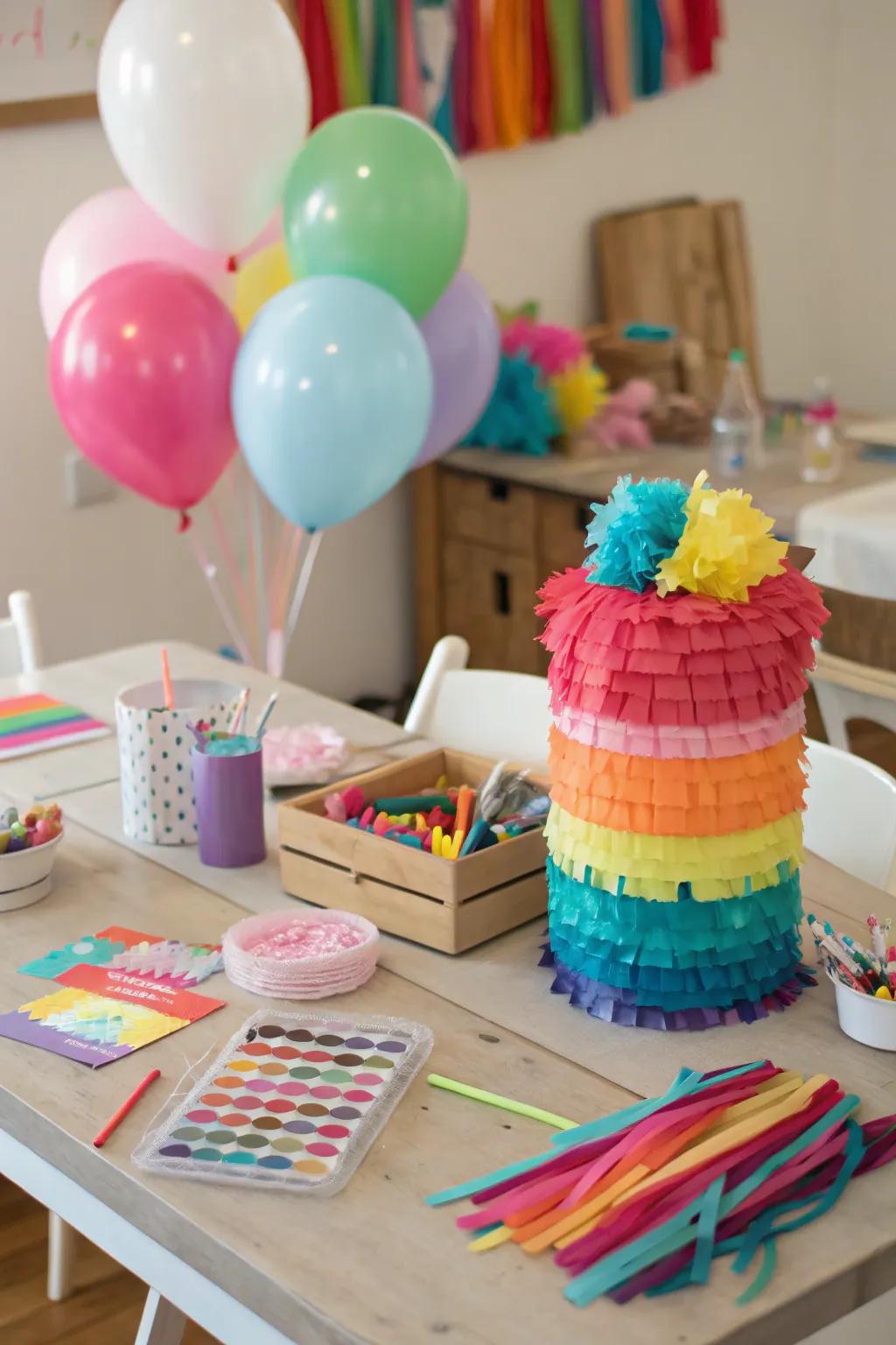 A DIY craft kit pinata setup, perfect for a creative party activity.