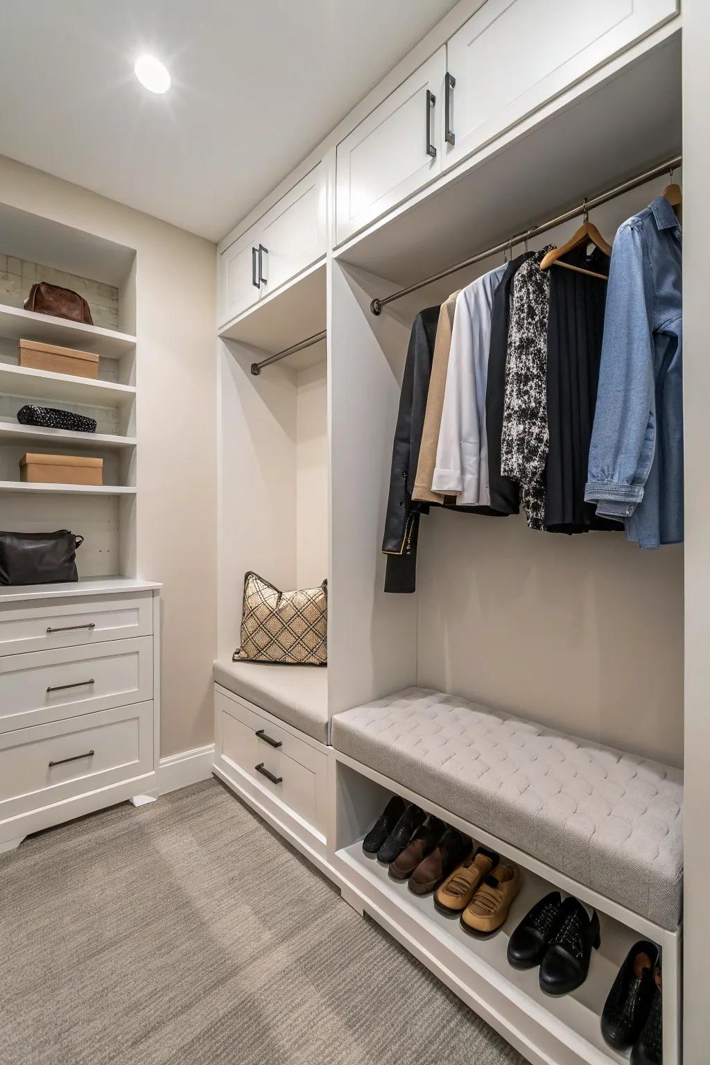 A seating area adds comfort and boutique feel to your closet.