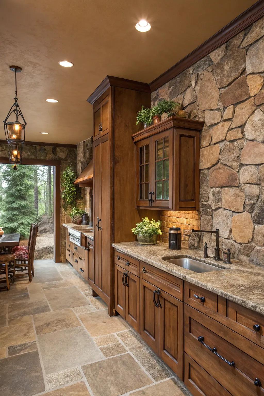 Rustic brown walls add a warm, natural touch to the kitchen.