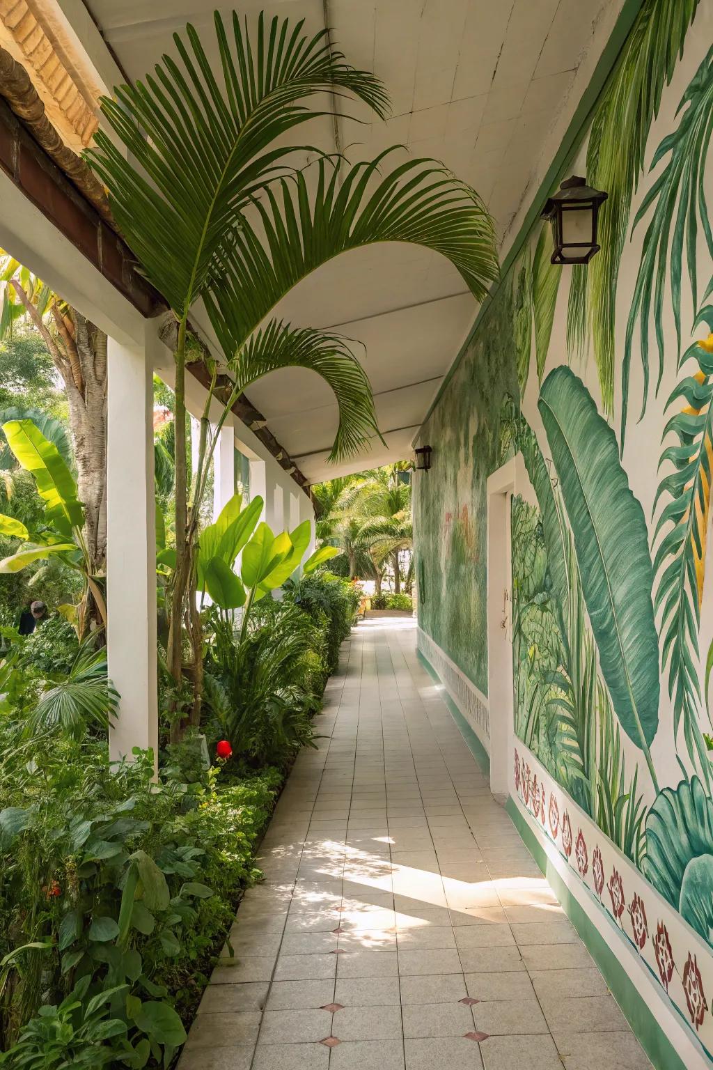 Tropical patterns bring an exotic and refreshing feel to this walkway.