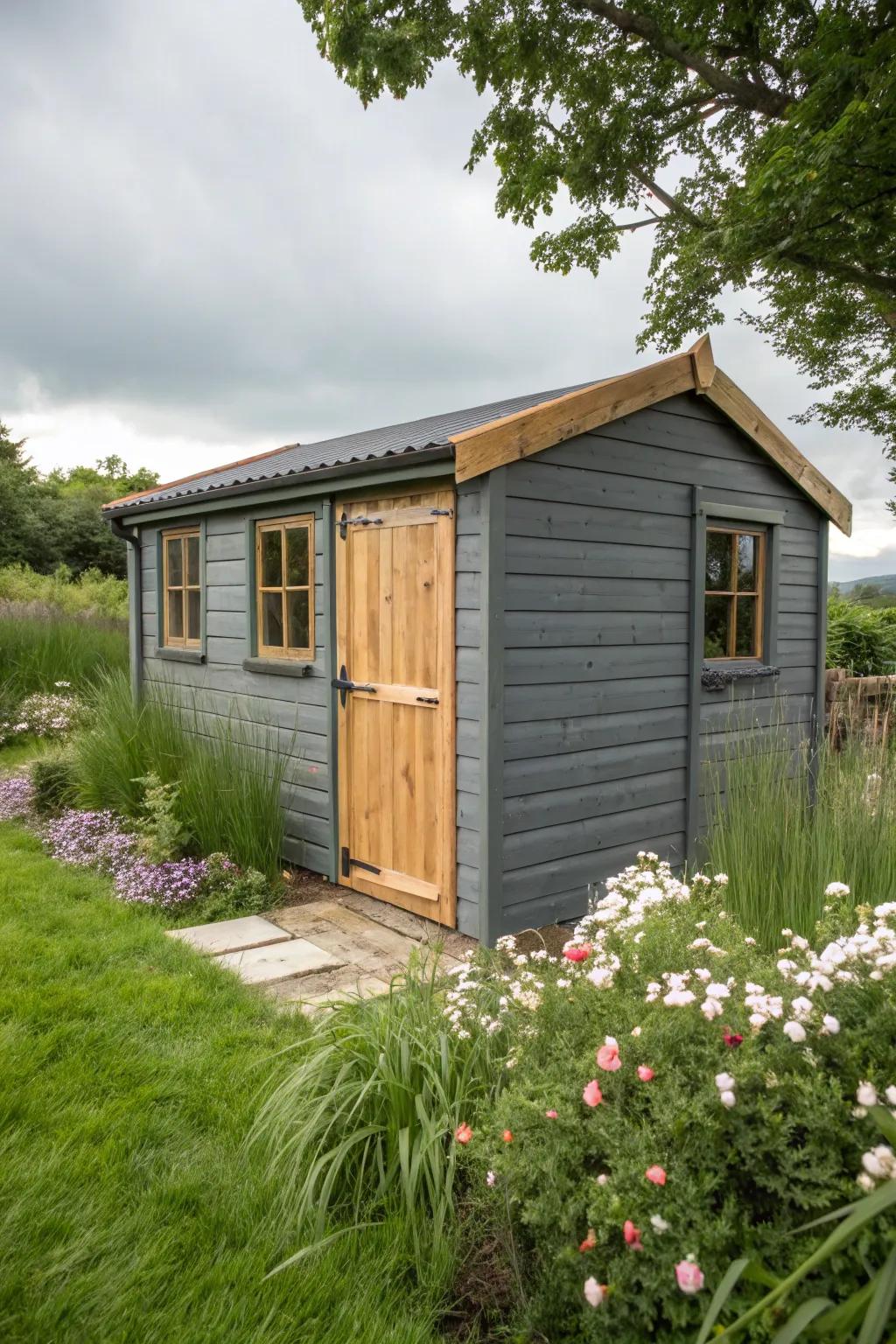 A slate grey shed with wood accents, blending rustic charm and modern style.