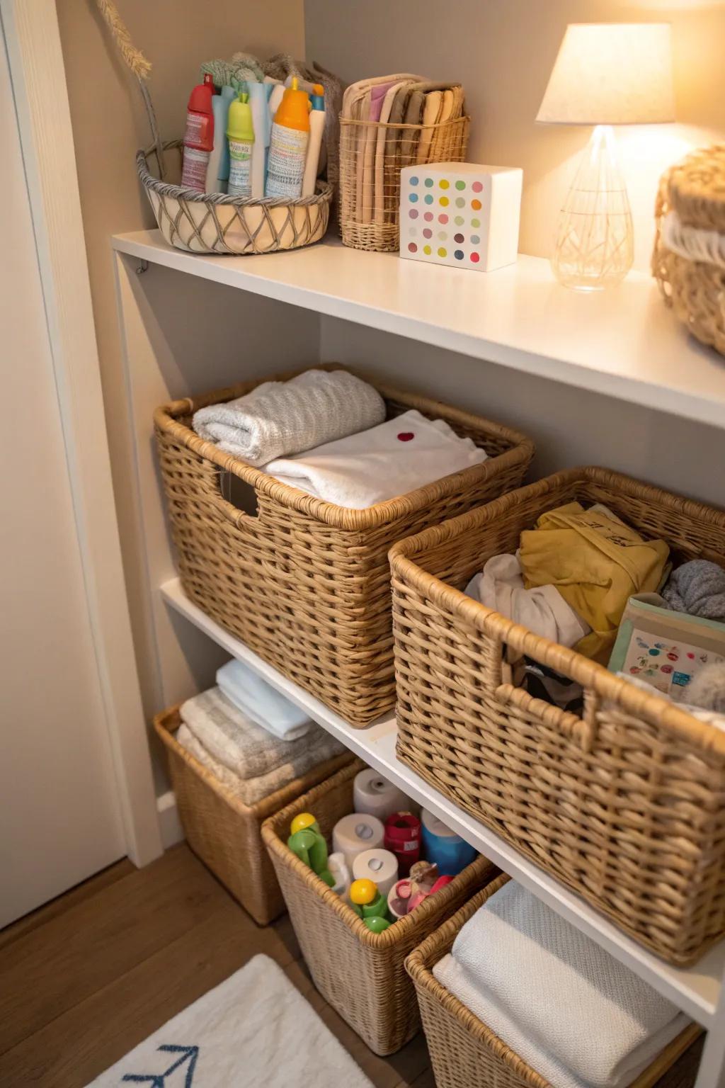 Woven baskets providing stylish storage for baby items in a small space.