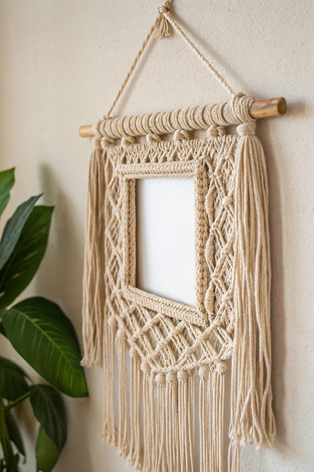 Add texture and warmth with a boho macramé frame.