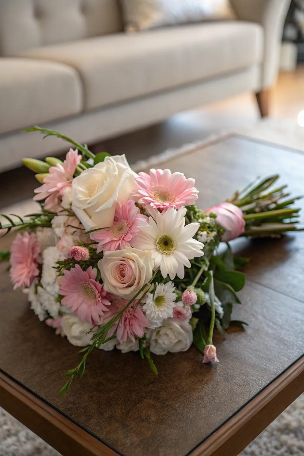 A casual floral arrangement adds warmth to the coffee table.