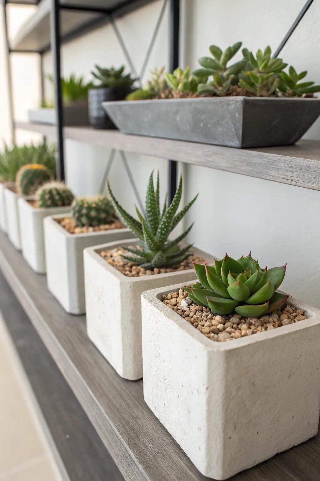 Concrete planters give succulents a modern, minimalist appeal.