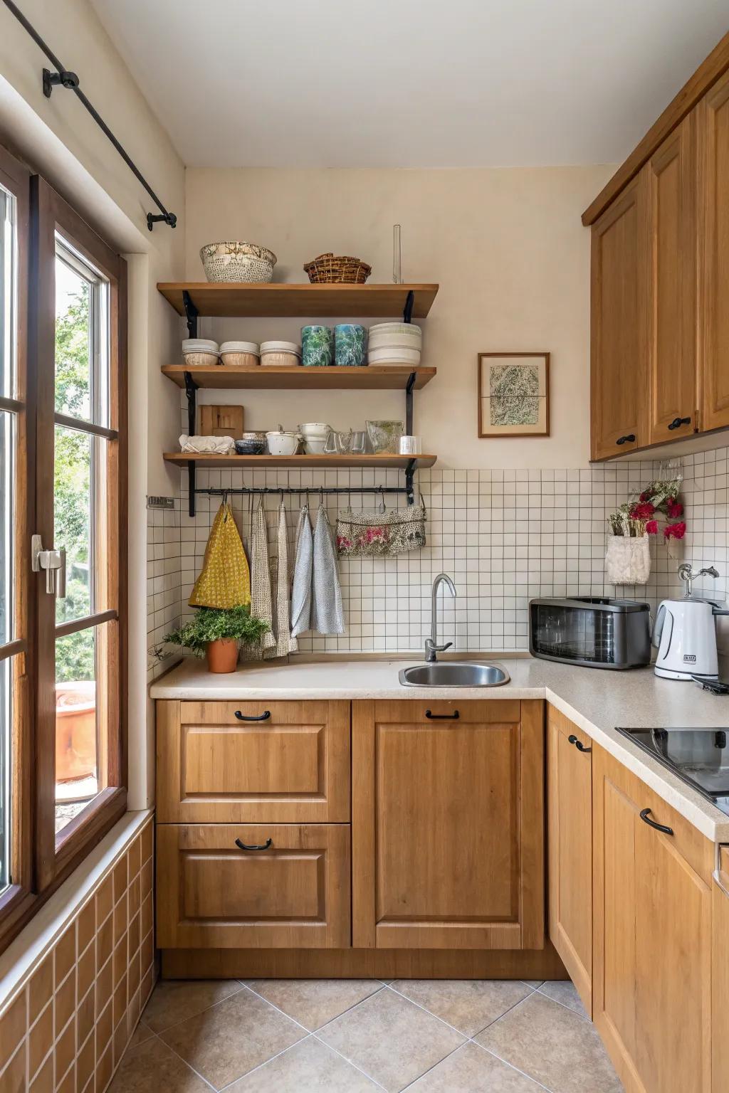 Wall-mounted storage solutions in a small kitchen free up counter space.