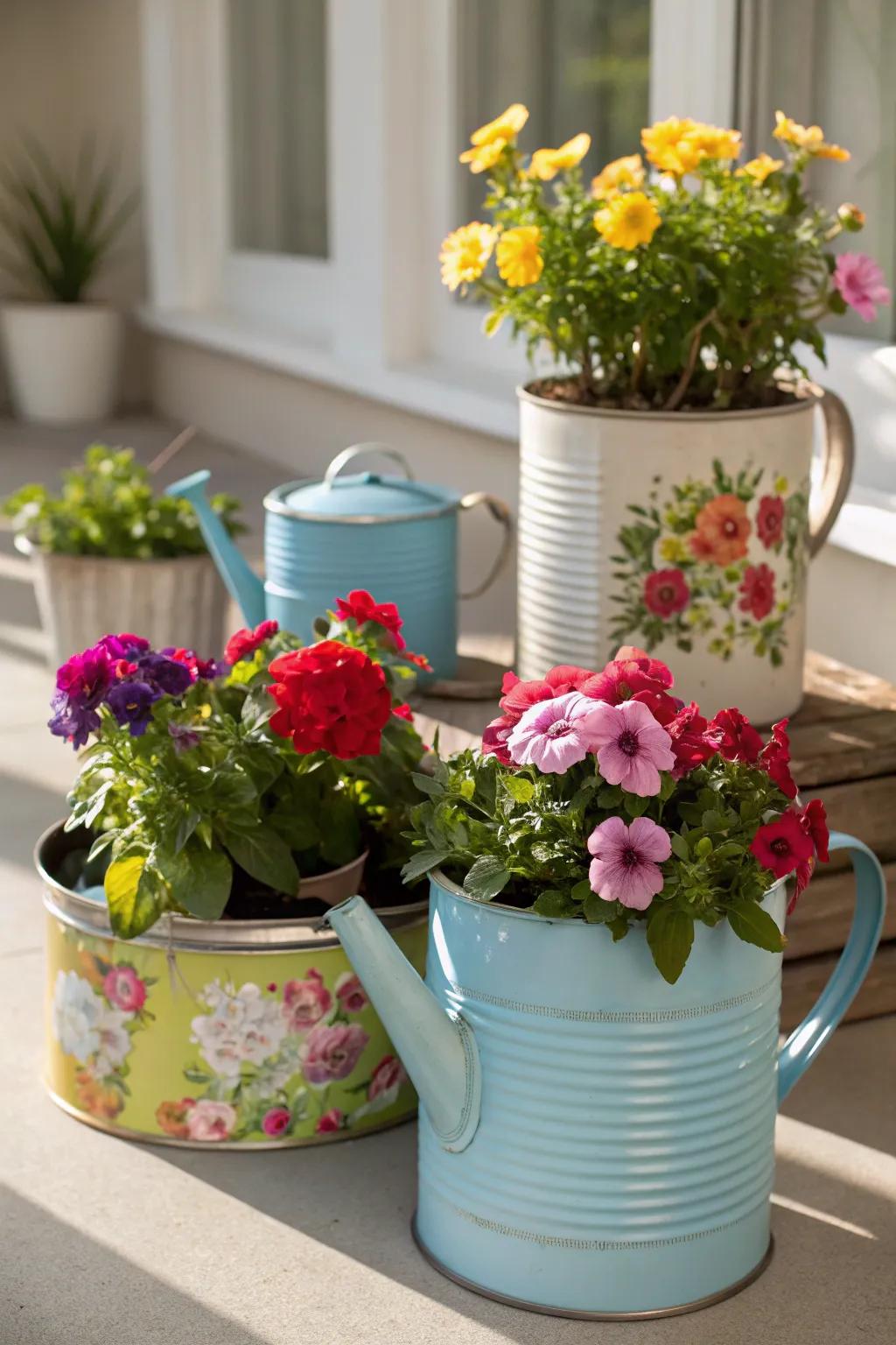 Eco-friendly upcycled planters adding charm and color to your garden.