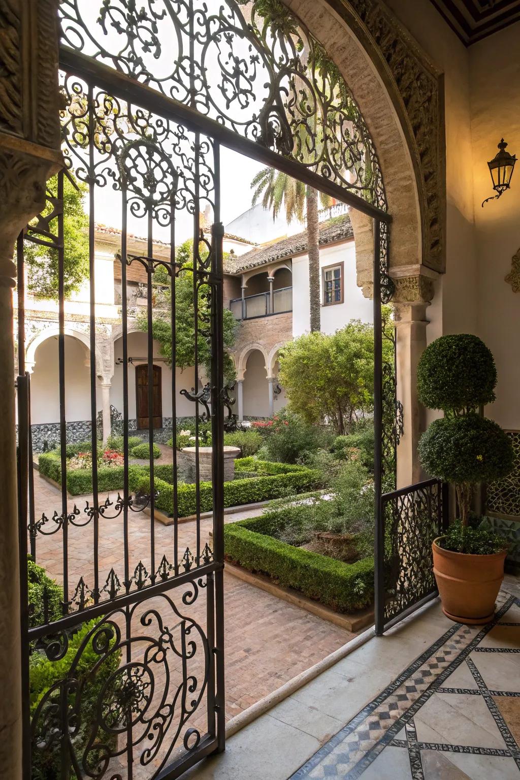 A small courtyard showcasing decorative ironwork on gates and railings.