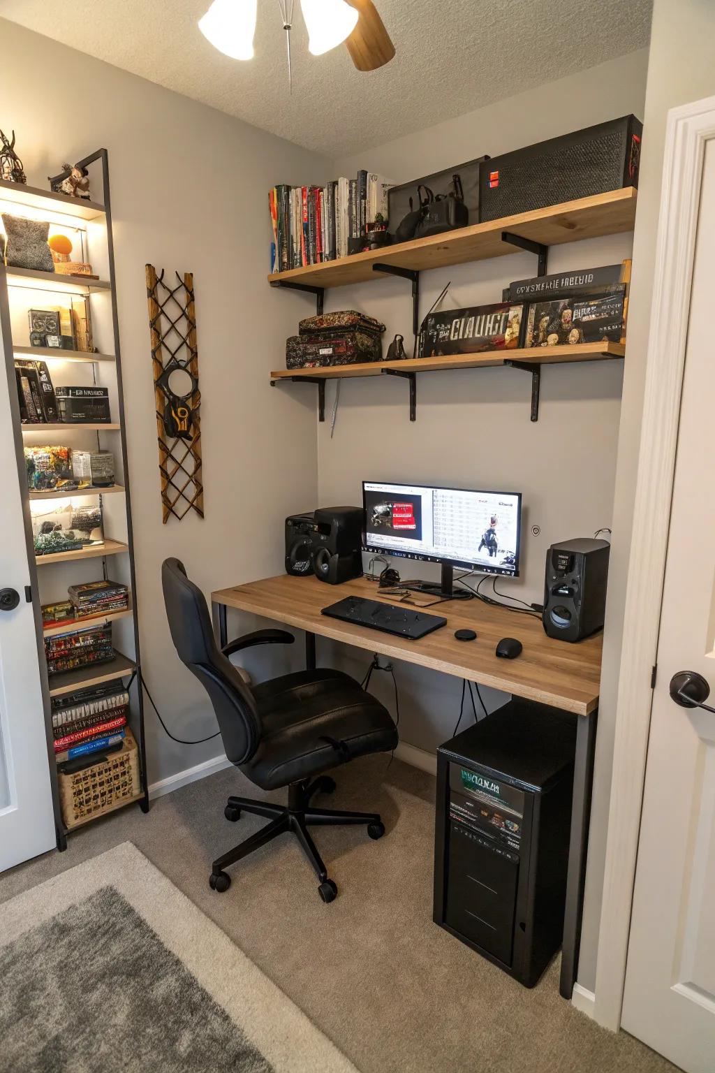 A compact gaming setup creates a dedicated corner for entertainment.