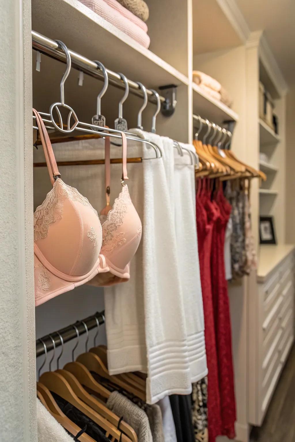 A towel bar in the closet provides practical vertical storage for bras.