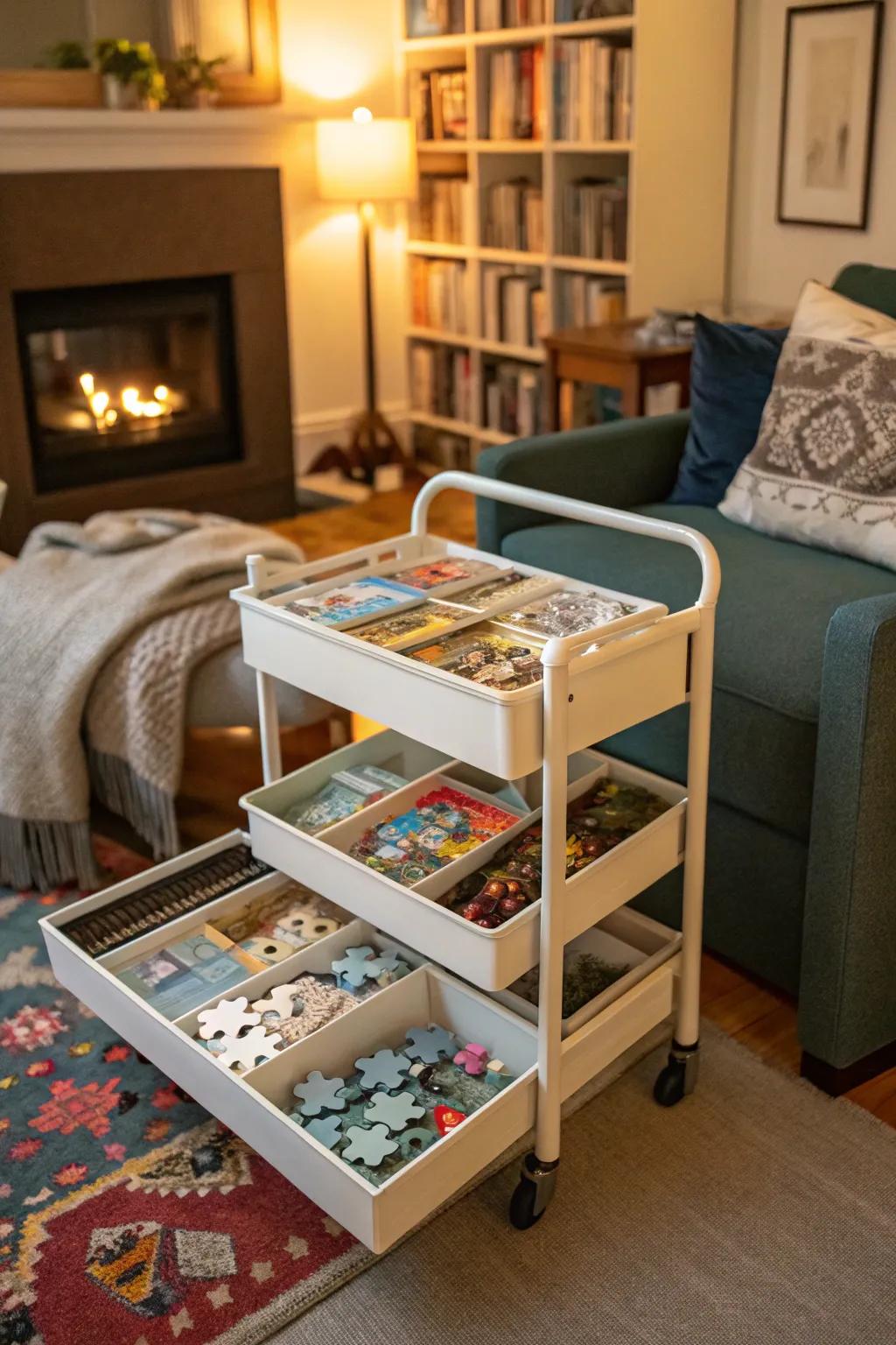 A rolling cart offers mobile storage for puzzles, perfect for family puzzle nights.