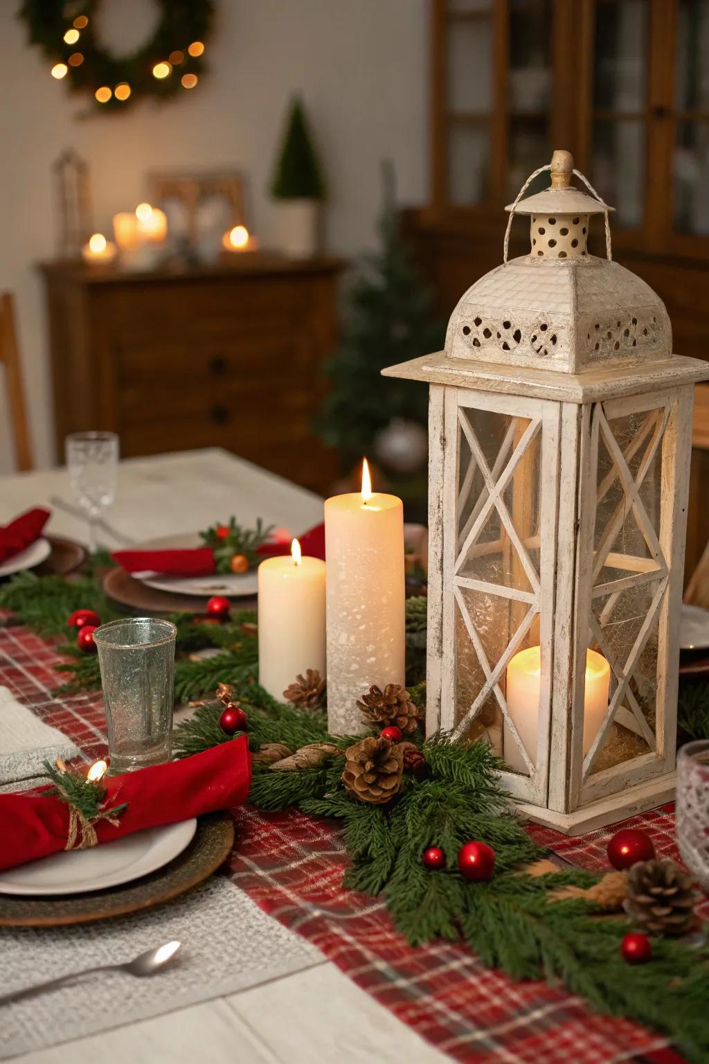 Rustic lanterns provide warm illumination and charm to the table.