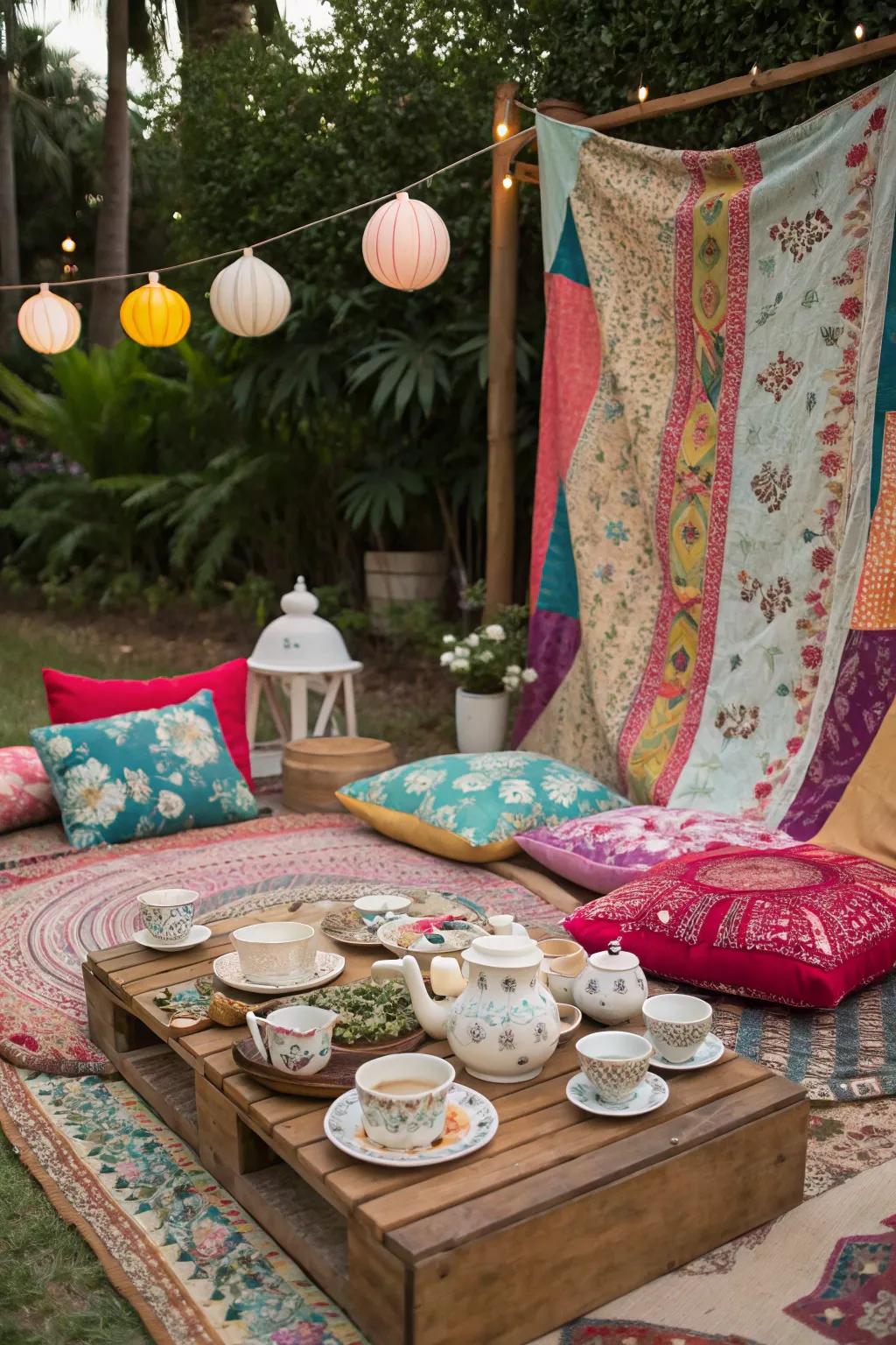 Bohemian-themed tea party with eclectic decor.