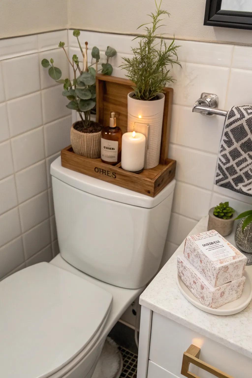 A toilet topper shelf bridges the gap and adds a decorative touch.